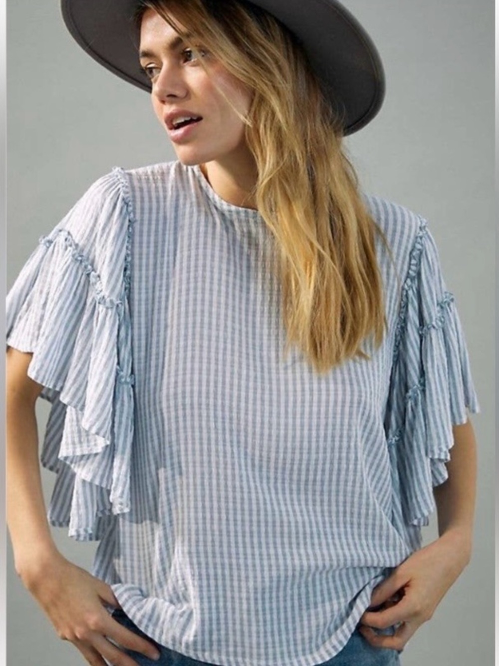 Anthropologie Pilcro Nautical Blue White Striped Ruffle Sleeve Sybil Blouse SZ S